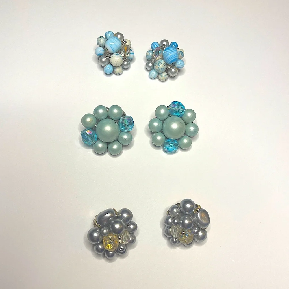Vintage clip earrings marked Japan lot of 3 pairs blue beaded gold silver gift - Picture 3 of 15